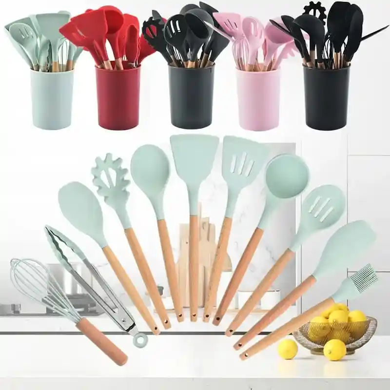 12pcs Wooden Silicone Kitchen Utensil Nonstick S