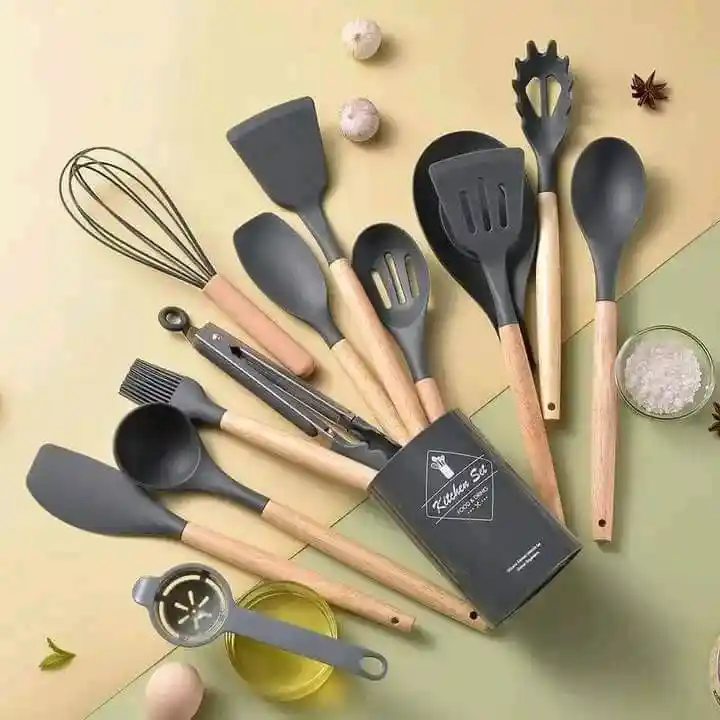 12pcs Wooden Silicone Kitchen Utensil Nonstick S