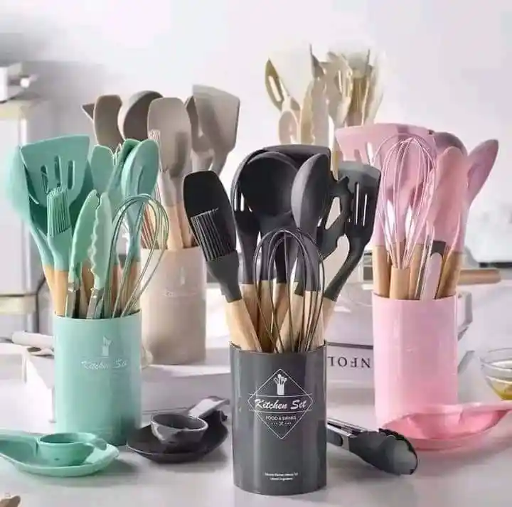 12pcs Wooden Silicone Kitchen Utensil Nonstick S